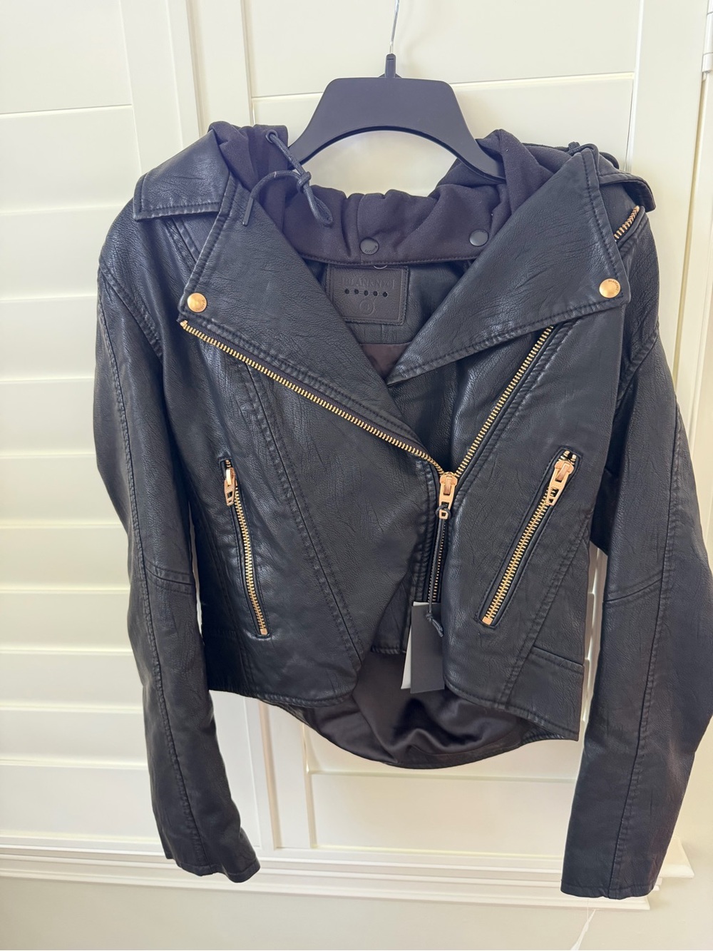 Nordstrom Black Faux Leather Moto Jacket with Gold Zippers and Attached Hoodie